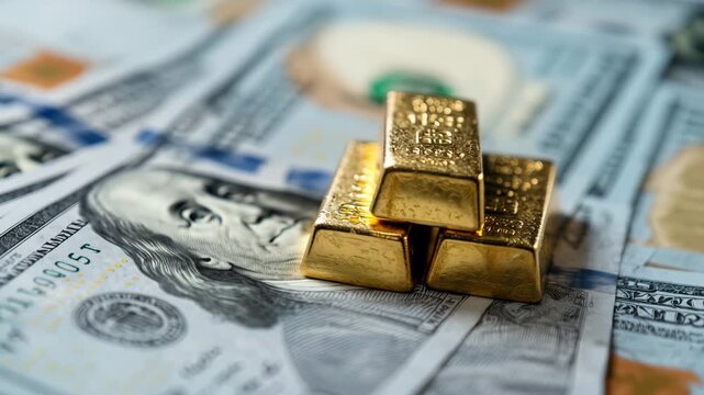 Close-up view of three gold bars placed on top of a stack of hundred dollar bills. The image highlights a significant financial investment strategy and wealth management
