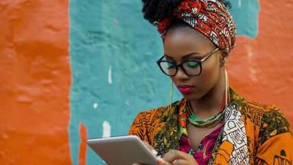 Woman in vibrant attire using tablet for financial data processing on city bus, financial data processing over african american businessman in office - Powered by Adobe