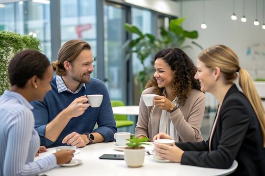 Four people are sitting around a table with cups of coffee