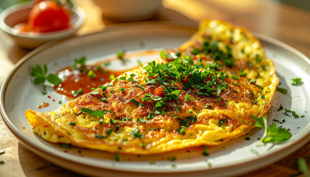 Omelette with fresh herbs and sauce on ceramic plate. Appetizing and cozy food. Delicious meal