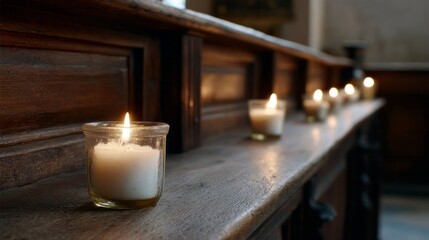 Warm votive candles flicker in solemn chapel, embracing All Souls' Day serenity, luminous whispers of introspective tranquility
