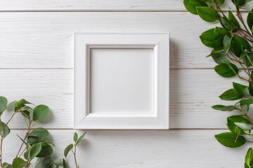 Empty white frame on a light wood surface, bordered by greenery