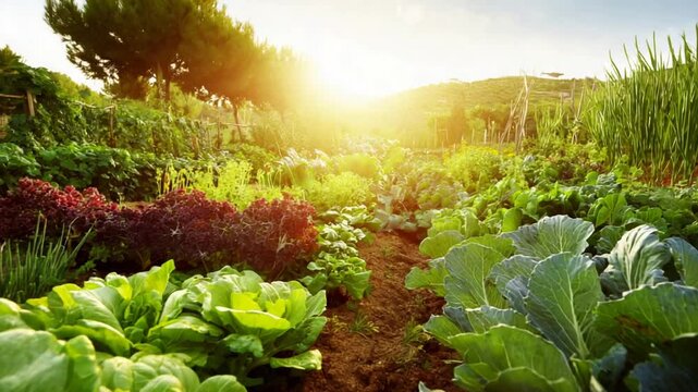 Lush organic vegetable garden bathed in golden morning sunlight.