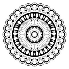 Intricate Black and White Mandala with Teardrop and Circle Elements Keywords: mandala, circular