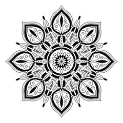 Intricate Black and White Mandala Design with Floral Petals and Geometric Center
