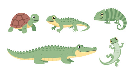 Cute cartoon reptiles, including a turtle, lizard, chameleon, and crocodile, displayed in a row.