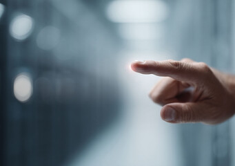 A finger touching a digital interface with a glowing fingerprint effect. Represents futuristic technology, innovation, access, security, and connectivity. Suitable for tech, business,  science.