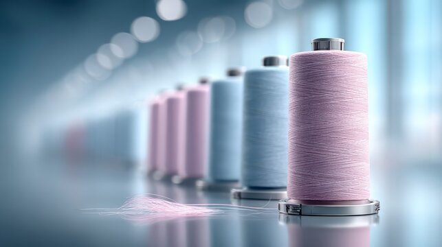 Threads of Industry: An organized array of pastel-colored thread spools. The image evokes an aesthetic of order and precision.
