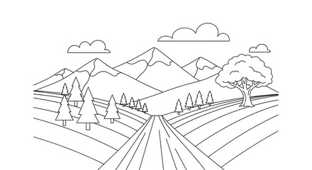 Dotted line drawing of a road leading to mountains with trees and clouds
