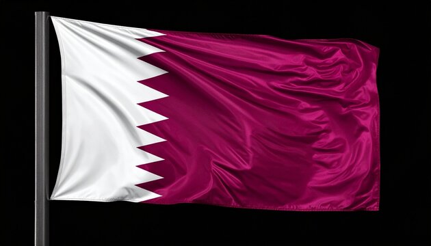 "The national flag of Qatar displayed prominently, featuring a maroon field and white serrated band with nine points, symbolizing historical treaties and cultural identity."
