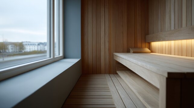 Sunlight bathes serene wooden sauna, evoking Nordic Midsummer warmth and tranquility, rejuvenating escape, hygge-inspired retreat, wellness haven