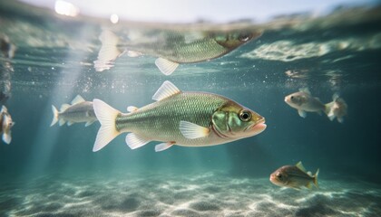 Fototapeta premium Hyper-Realistic Underwater Serenity: Single Iridescent Fish Swimming in Crystal-Clear Pond with Shimmering Sunlight and Softly Blurred Background
