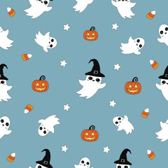 Halloween seamless pattern. Black and white seamless pattern. Cute Blue seamless pattern background, design for textile fabric print, card, poster, wallpaper, scrapbook paper. etc
