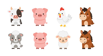 Illustration of cartoon farm animals including cows, pigs, chickens, sheep, and horses arranged in two rows on a white background.