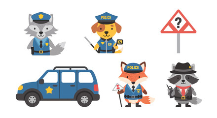 Fototapeta premium Cartoon police officers and animals, a police car, and a question mark sign, in a flat design style.