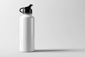 White metal water bottle with black cap.  Simple, clean design.  Studio shot