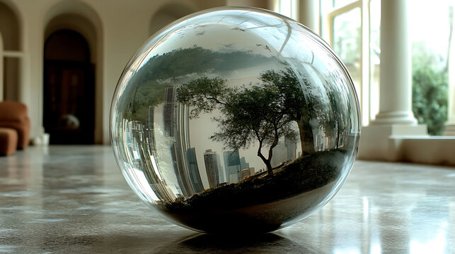 A large, reflective sphere sits on a polished floor, showcasing a cityscape reflected within.