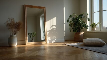 A sunlit zen sanctuary whispers tranquility, with a rustic mirror reflecting calmness, perfect for Earth Day meditation rituals