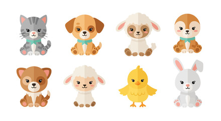 Eight adorable cartoon baby animals sitting, including a cat, dog, lamb, deer, chick, and rabbit.