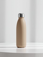 Beige insulated water bottle on white surface