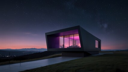 A futuristic house with a bold, avant-garde design, featuring sleek metallic curves that reflect the neon purple and blue lights emanating from its facade, set against a vast, starry sky with countles