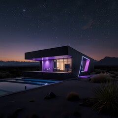 A futuristic house with a bold, avant-garde design, featuring sleek metallic curves that reflect the neon purple and blue lights emanating from its facade, set against a vast, starry sky with countles