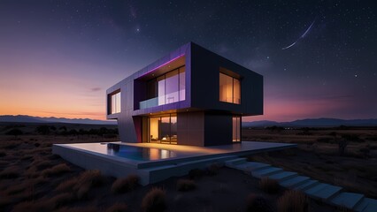 A futuristic house with a bold, avant-garde design, featuring sleek metallic curves that reflect the neon purple and blue lights emanating from its facade, set against a vast, starry sky with countles