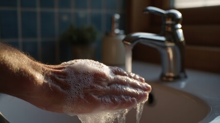 Fototapeta premium Sophisticated suds dance on hands, mundane moments meet World Handwashing Day, promoting health and wellness in intimate ritual