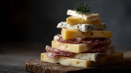 A pyramid of artisanal cheese and cured meats evokes rustic elegance, ideal for Alpine festive feasts or Slow Food celebrations