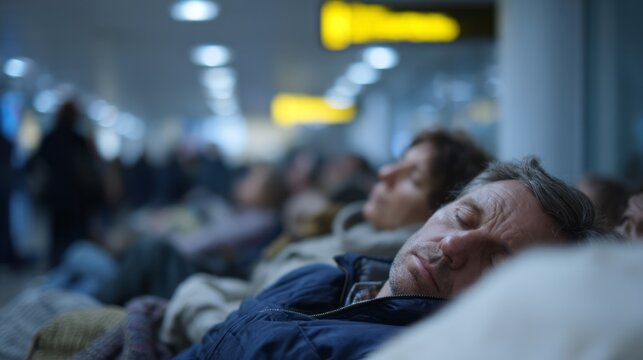 Sleeping travelers in twilight airport, impromptu dreamland during layover limbo, Restful Escape Day, International Siesta Week