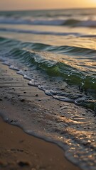 Serene close-up of gentle ocean waves lapping on a quiet beach during sunrise, or soft raindrops gently hitting a windowpane with a blurred green garden outside. Emphasize peacefulness, soft natural