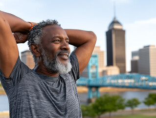 Smiling middle aged black male stretching neck muscles post workout in urban green space