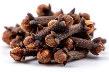 Fototapeta premium Macro shot of a pile of brown cloves with stems and buds on a white background