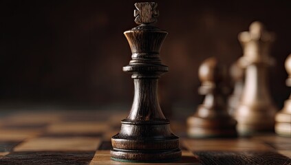 Close-up of a dark-wooden chess king, highlighted, on a checkered board with blurred other pieces