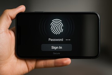 Smartphone login screen with fingerprint authentication icon and password sign in option
