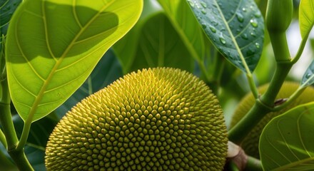Close up of a Jackfruit, a tropical fruit with spiky green skin growing on a tree
