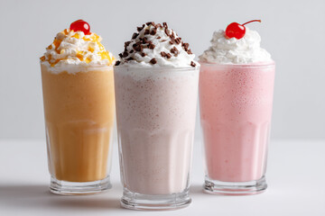 Trio of creamy milkshakes in glasses, topped with whipped cream, cherries, caramel, and chocolate, served on a light surface.