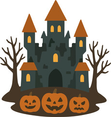 Haunted Halloween Castle with Pumpkins and Bats Spooky Vector Greeting Card. Scary Halloween Haunted House with Jack-o-Lanterns and Autumn Elements. Festive flat vector Illustration