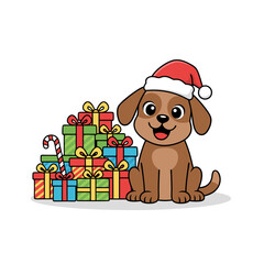 Festive Pup Cartoon Dog with Christmas Presents and Santa Hat Illustration