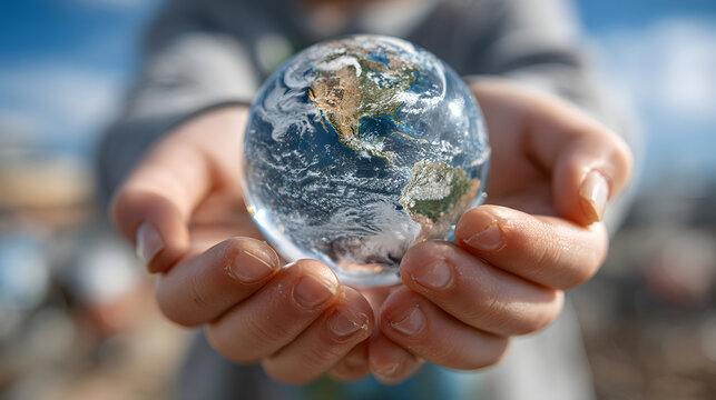 Child's hands holding glass Earth globe on blue sky background. Earth Day concept. Global environmental activism. Respect for Earth's natural environment and preserving it for future generations