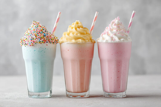 A trio of sweet delights: colorful milkshakes topped with sprinkles and cream, perfect for a refreshing treat on a warm day.