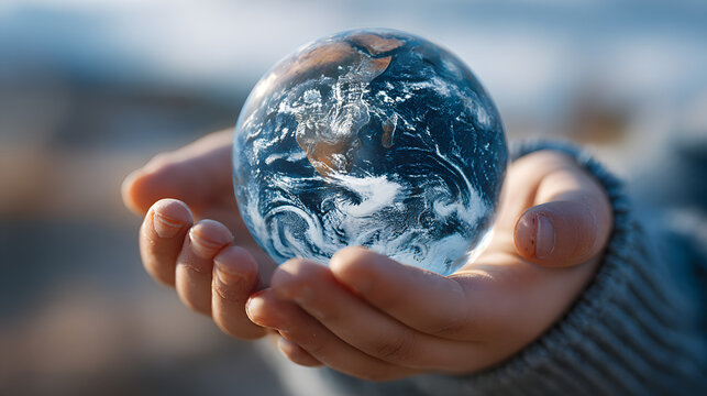 Child's hands holding glass Earth globe on blue sky background. Earth Day concept. Global environmental activism. Respect for Earth's natural environment and preserving it for future generations - Powered by Adobe