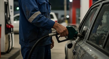 Obraz premium Gas Station Worker Hand Filling Car Tank Petroleum Fuel Expense and Energy Cost.