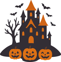 Haunted Halloween Castle with Pumpkins and Bats Spooky Vector Greeting Card. Scary Halloween Haunted House with Jack-o-Lanterns and Autumn Elements. Festive flat vector Illustration