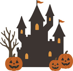 Haunted Halloween Castle with Pumpkins and Bats Spooky Vector Greeting Card. Scary Halloween Haunted House with Jack-o-Lanterns and Autumn Elements. Festive flat vector Illustration