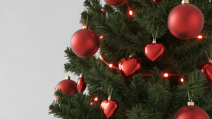Fototapeta premium Festive Christmas tree adorned with shimmering red heart ornaments and glowing lights, creating a warm and inviting holiday atmosphere, perfect for seasonal cheer
