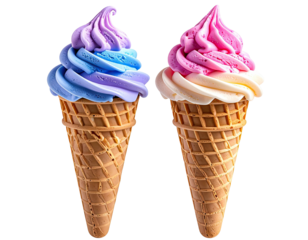 Two vibrant ice cream cones, one with purple-blue swirl and the other with pink-white, on a black background