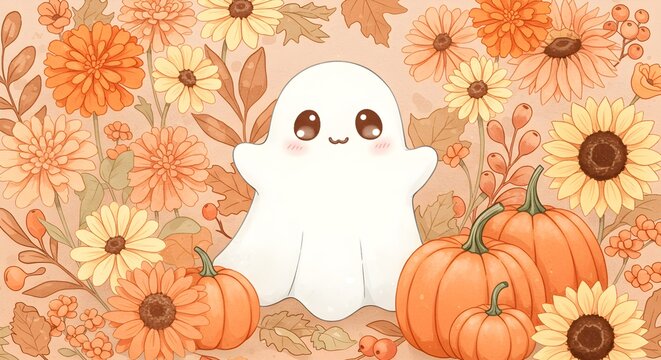 cute cartoon ghost with seamless autumn flowers and pumpkins background