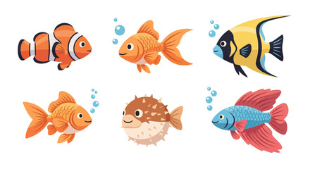 Fototapeta premium A colorful illustration showcasing various cartoon fish swimming with bubbles, displaying different shapes and patterns.