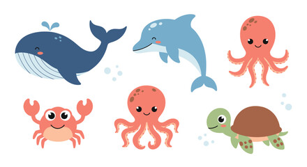 Naklejka premium Cartoon illustration of various marine animals including a whale, dolphin, octopus, crab, and turtle, all with cute, smiling faces.